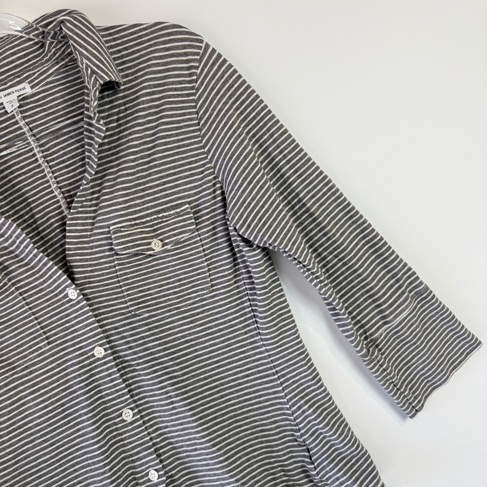 James Perse Button Down Shirt Womens 3 Gray Striped Cotton 3/4 Sleeve WCS3826 - Picture 5 of 15